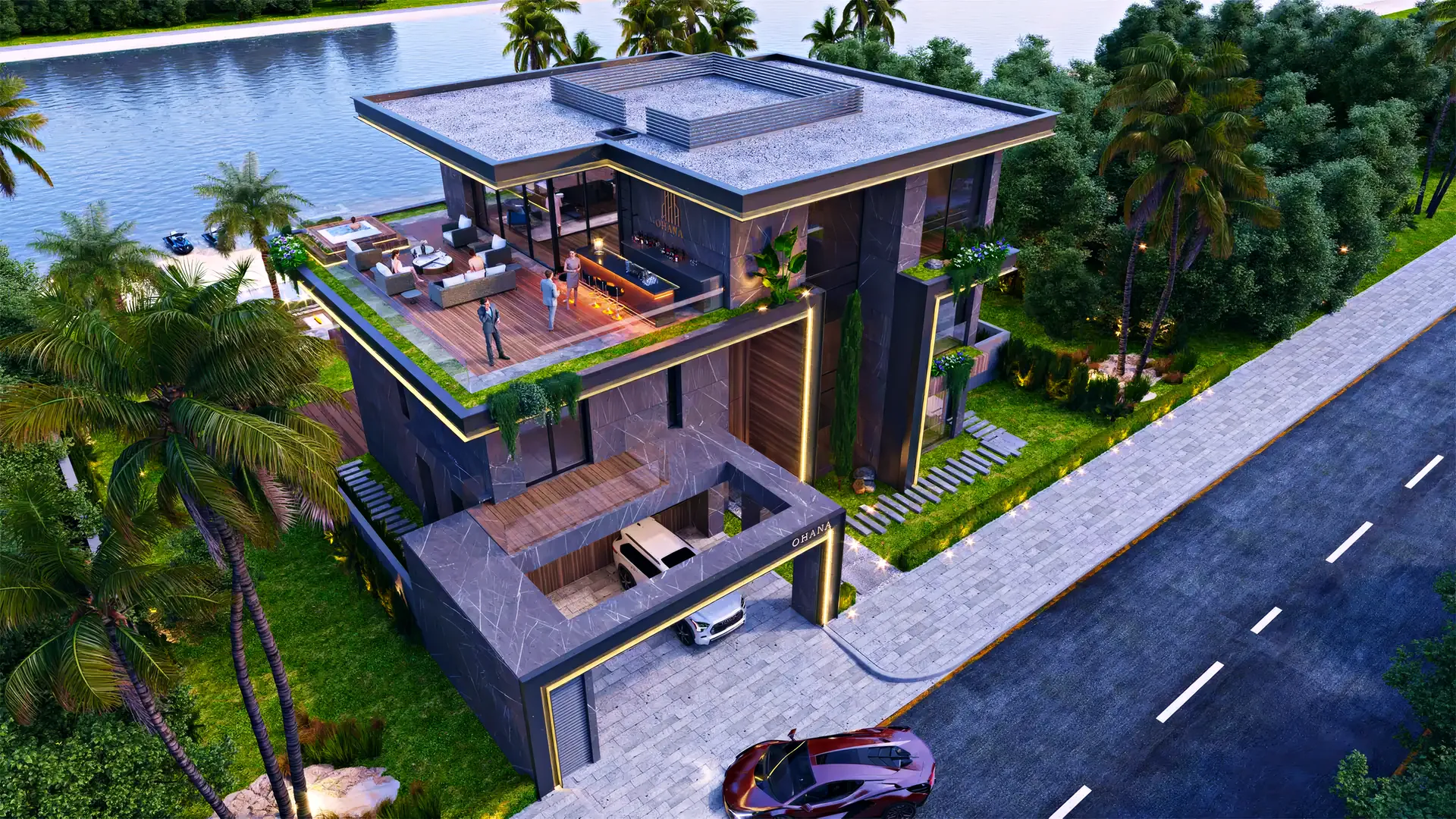 A villa designed around its garden and pool, seen from above