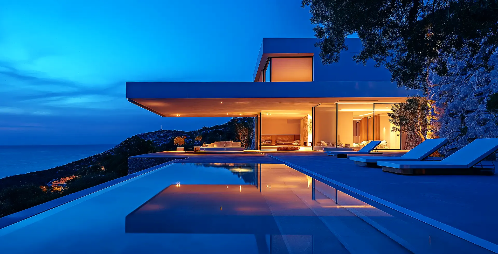 A villa on a cliff above the sea at dusk