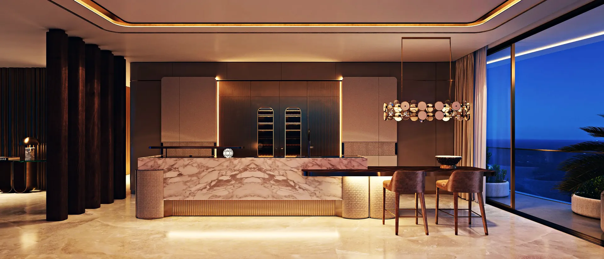 An ELIE SAAB Waterfront kitchen in stone and bronze