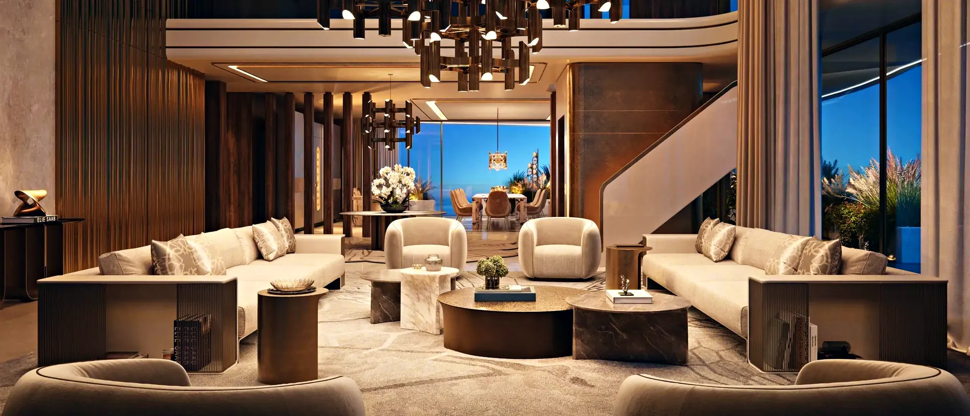 A double height living room furnished by ELIE SAAB