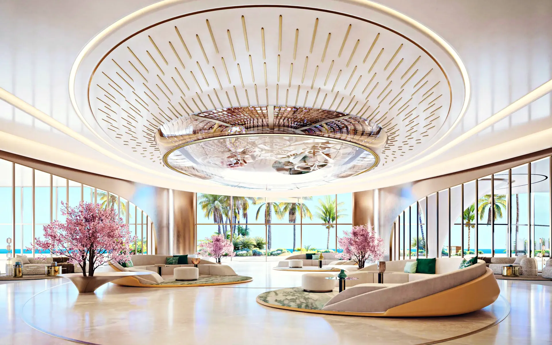 The lobby atrium with the Jacob & Co. ceiling art timepiece