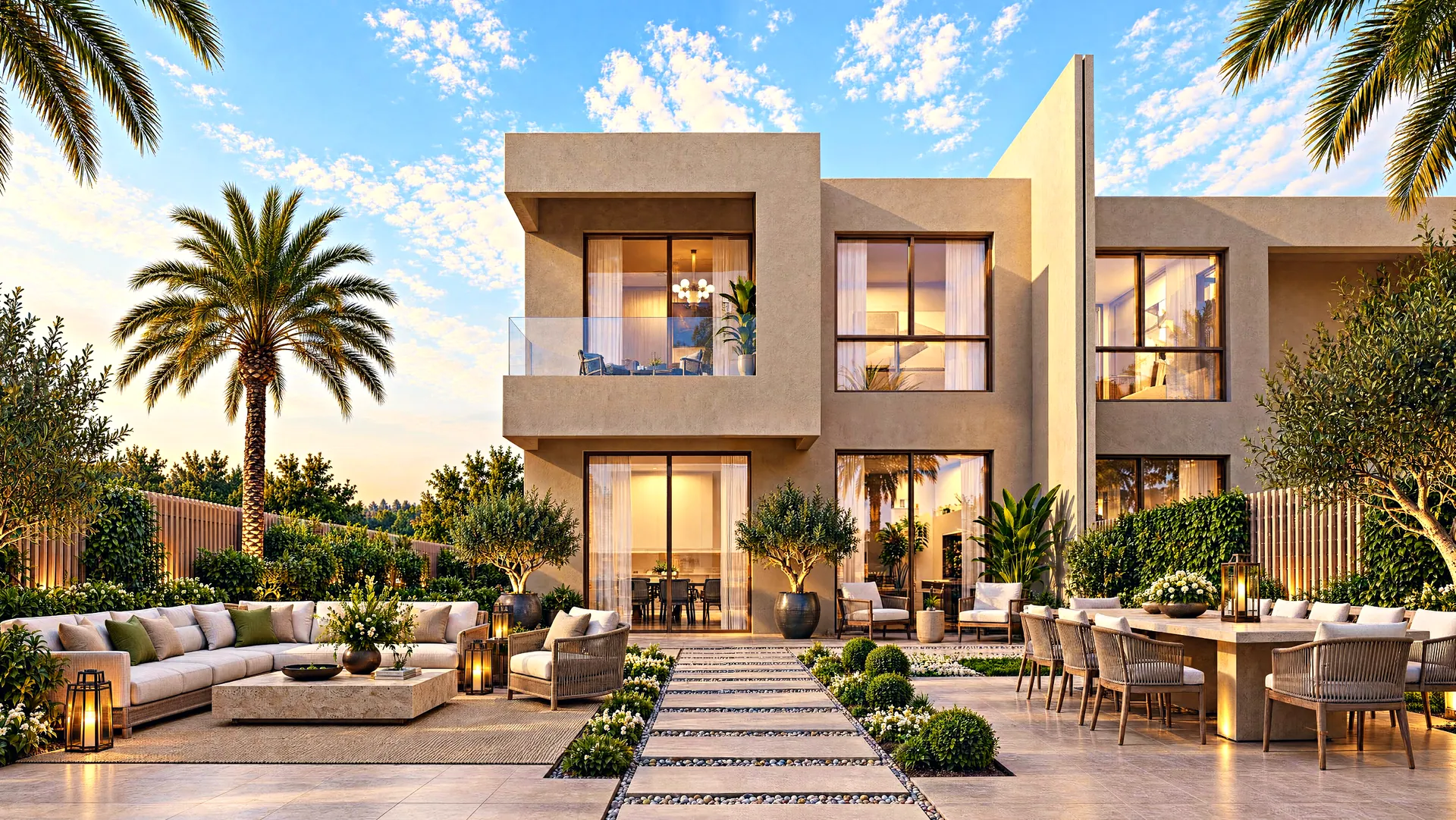 Garden terrace of a new townhouse with outdoor dining and seating