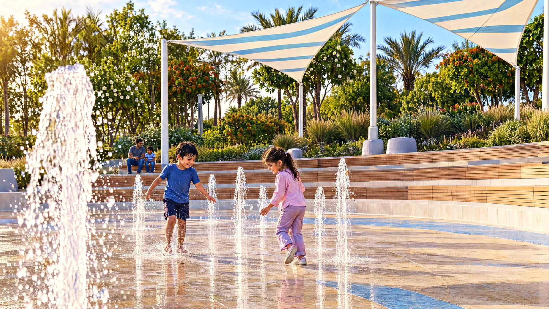 Children in the dry deck fountain